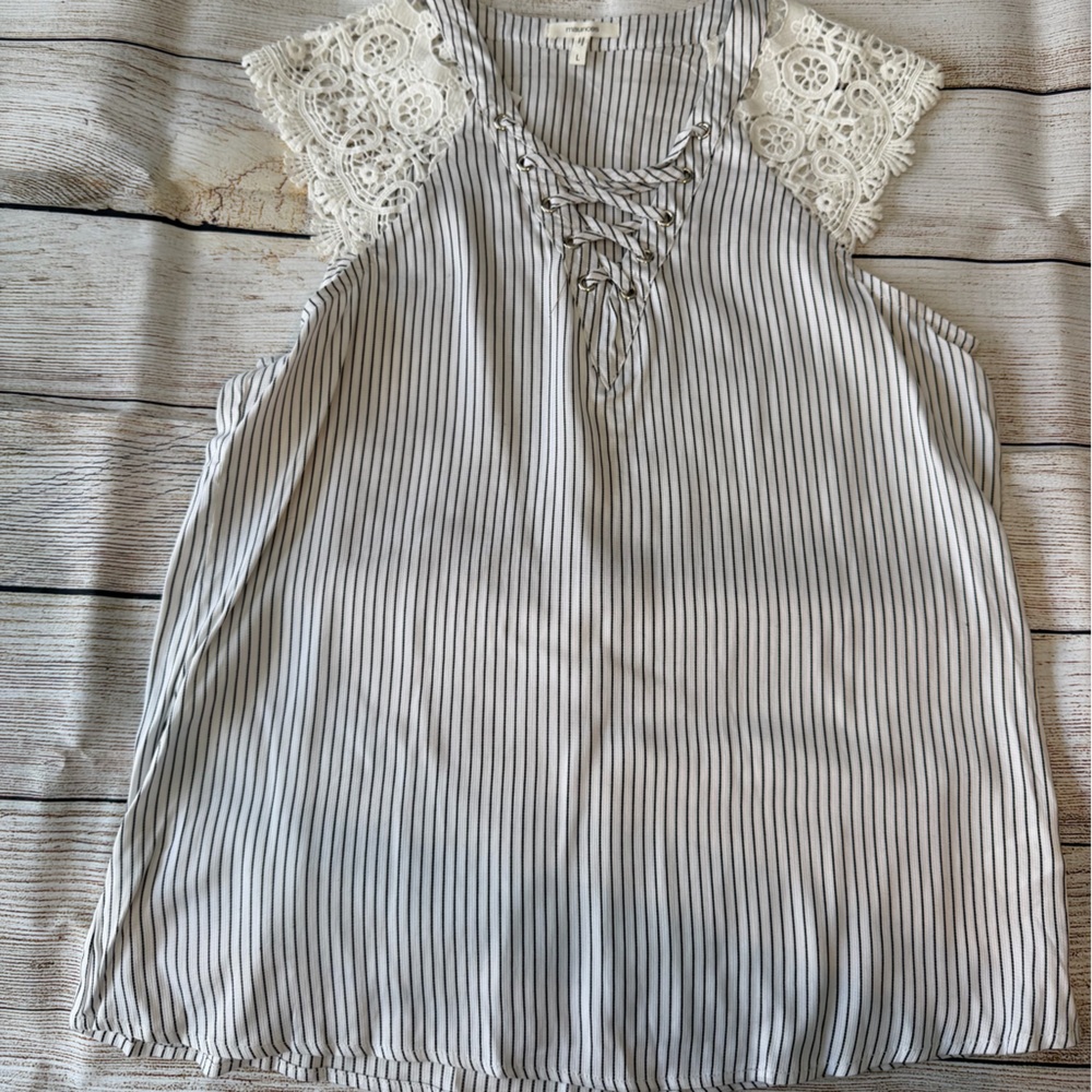 Maurices Black and White Striped Blouse with Lace Sleeves